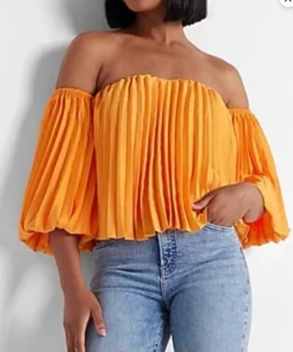 NWT Express Pleated Date Night Out Off Shoulder Balloon Sleeve Blouse Orange XS